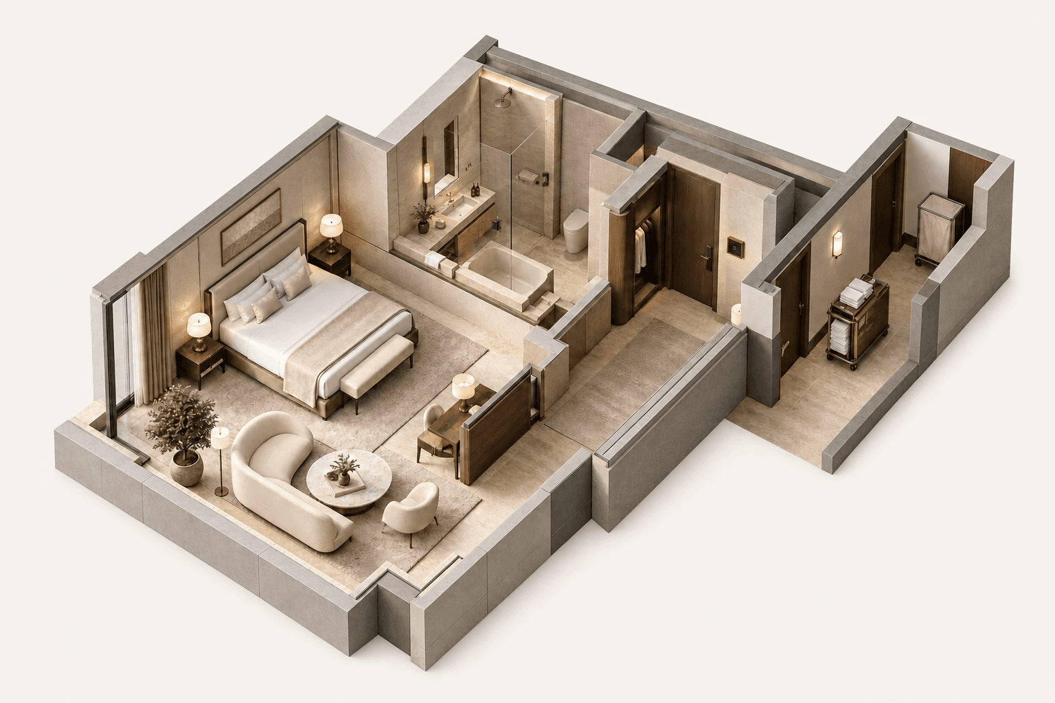 A calm contemporary hotel suite with warm timber, stone and soft daylight